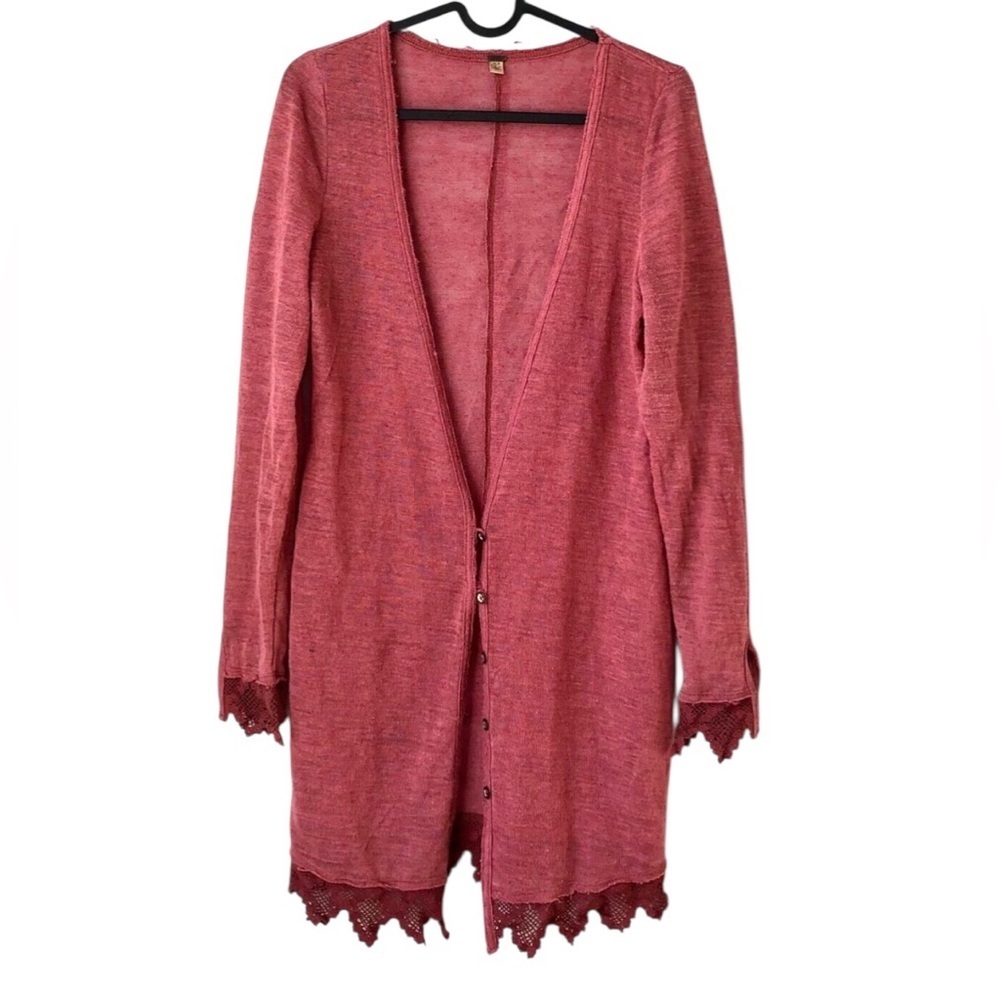 Free People Crochet Lace Trim Button Front Cardigan Sweater Boho Linen M Pink